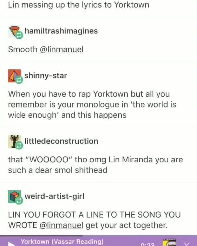 Lin messing up the lyrics to Yorktown hamiltrashimagines