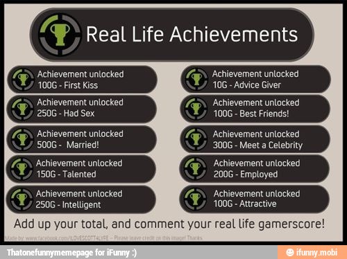 Y; Real Life Achievements
(CN Achievement unlocked
1006 First Kiss. AS
Mp" Acñievementuniocked
Fay
Rehievement unlocked
2506 -Had Sex 1006 Best Friends!
(MS Achievement unlocked
5006
Married! 3006
Meet a Celebrity
Gj Achievement unlocked Achievement untocked
Employed
Cj Achievement unlocked Cj Achievement unlocked
2506 Intelligent ES
Add up your total, and comment your real life gamerscore!