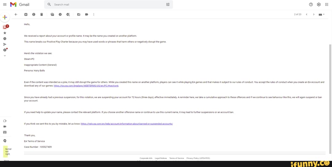 = cmail Q Search mail Hello, bb We received a report about your account or profile name. It may