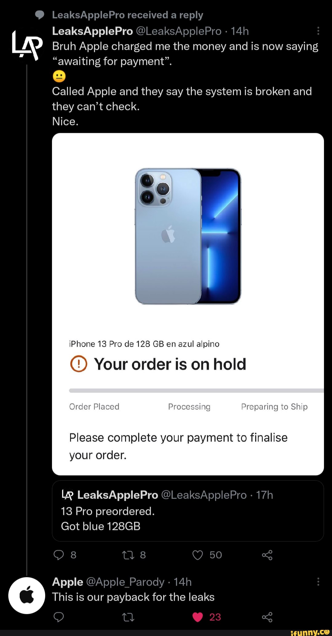 Apple received a reply LeaksApplePro @LeaksApplePro LA Bruh Apple
