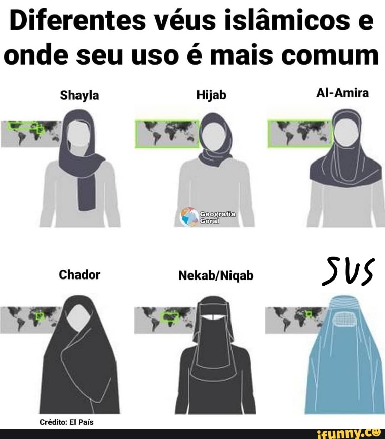 Diferentes véus islâmicos e onde seu uso é mais comum
Shayla Hijab Al-Amira
Chador
Crédito: El País