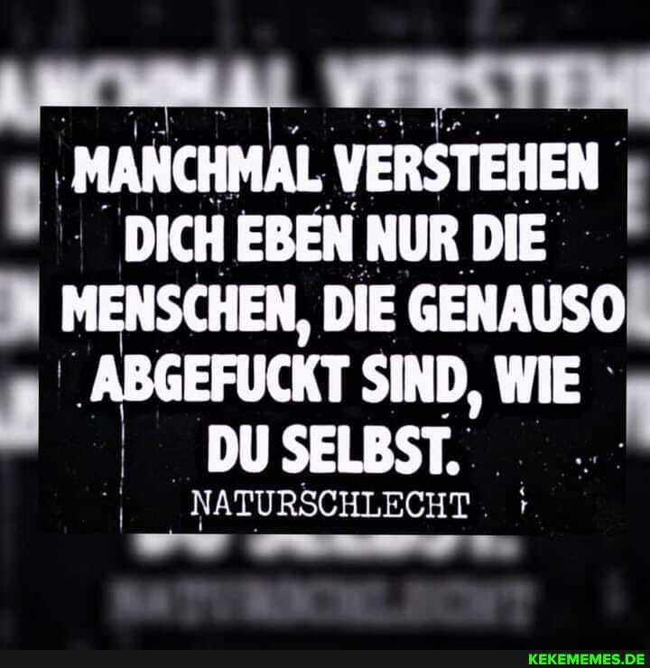 'MANCHMAL VERSTEHEN DICH EBEN NUR DIE MENSCHEN, DIE GENAUSO ABGEFUCKT SIND, WIE DU SELBST.
NATURSCHLECHT