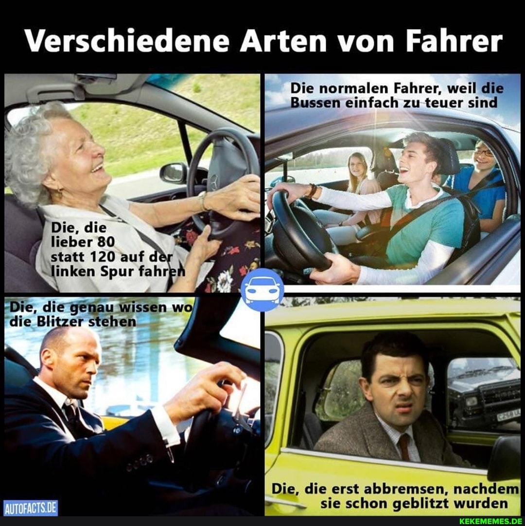 Verschiedene Arten von Fahrer
Die normalen Fahrer, weil die
Bussen einfach zu teuer sind
Die, die
lieber 80
Inken
Die, die genau Wissen wo die Blitzer stehen
Die, die erst abbremsen, nachdem sie schon geblitzt wurden