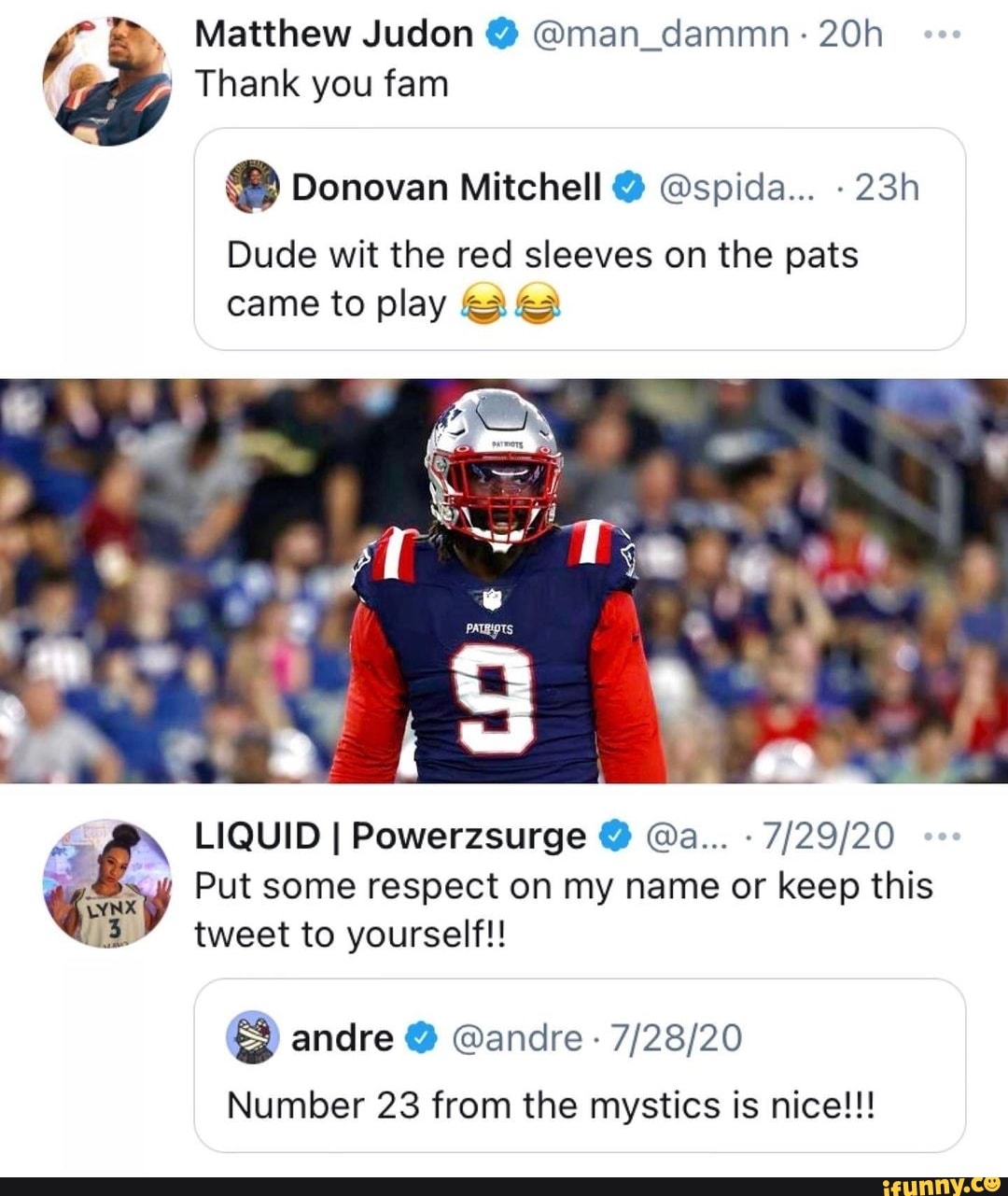 Patriots' Matthew Judon wins over Donovan Mitchell with red sleeves