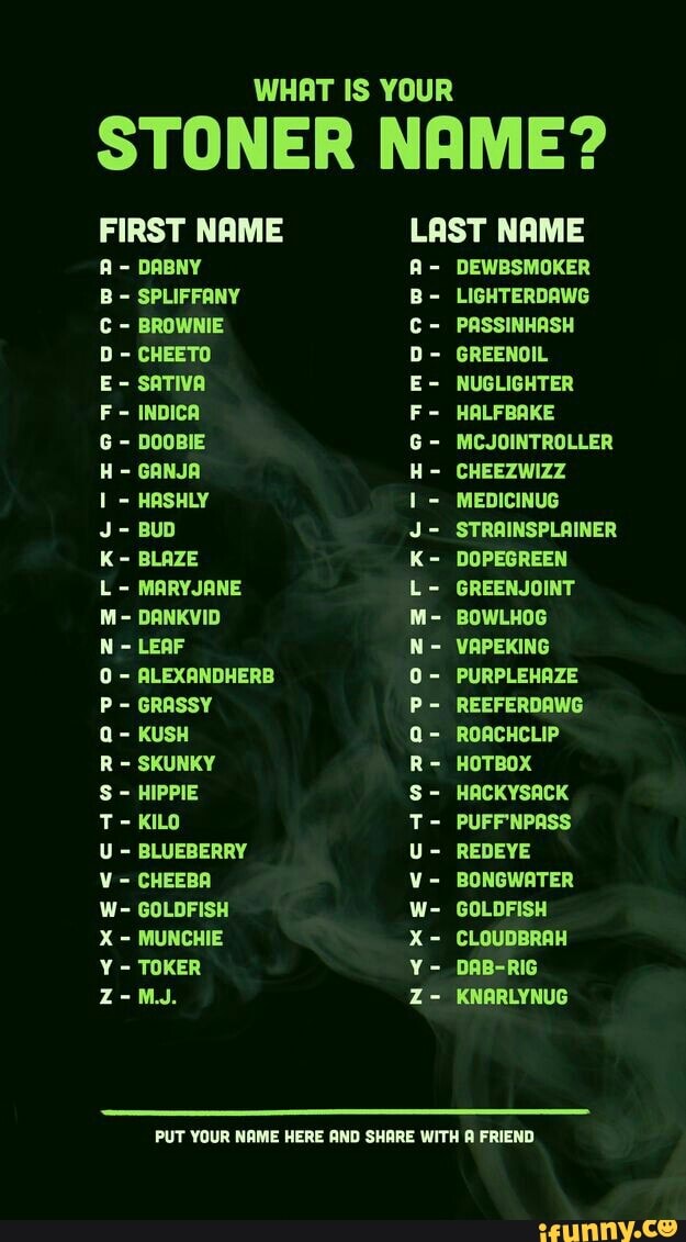 What Is Your Stoner Name First Name Last Name Brownie C Passinhash Sativa Indica D Greenoil G Mcjointroller H Cheezwizz Medicinug K Blaze N Leaf P Grassy Q