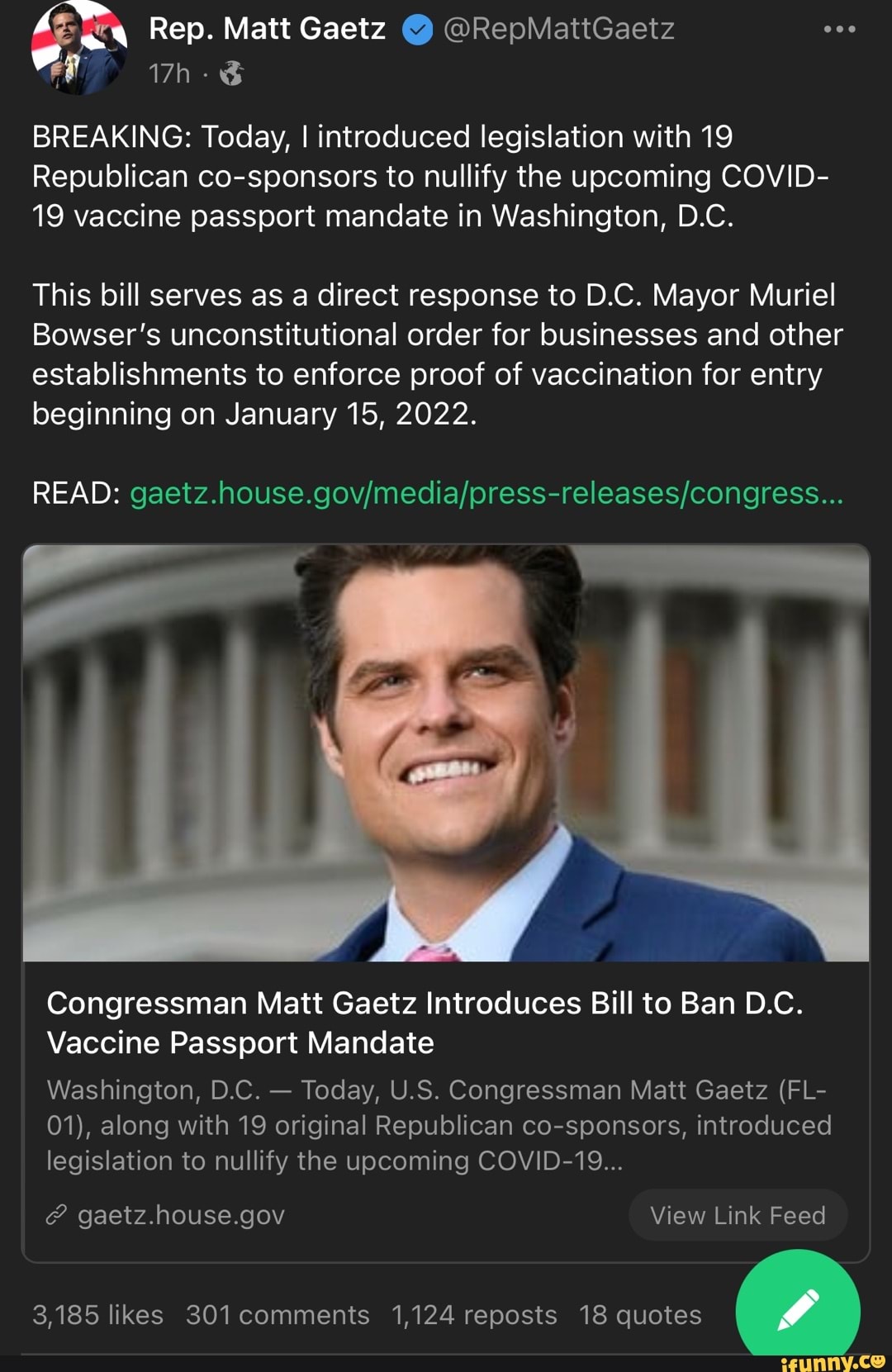 Rep. Matt Gaetz RepMattGaetz BREAKING Today, I introduced