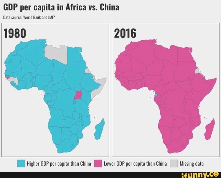 GDP per capita in Africa vs. China
Data source: World Bank and IMF*
1980 2016
Higher GDP per capita than China Hi Lower GDP per capita than China Missing data