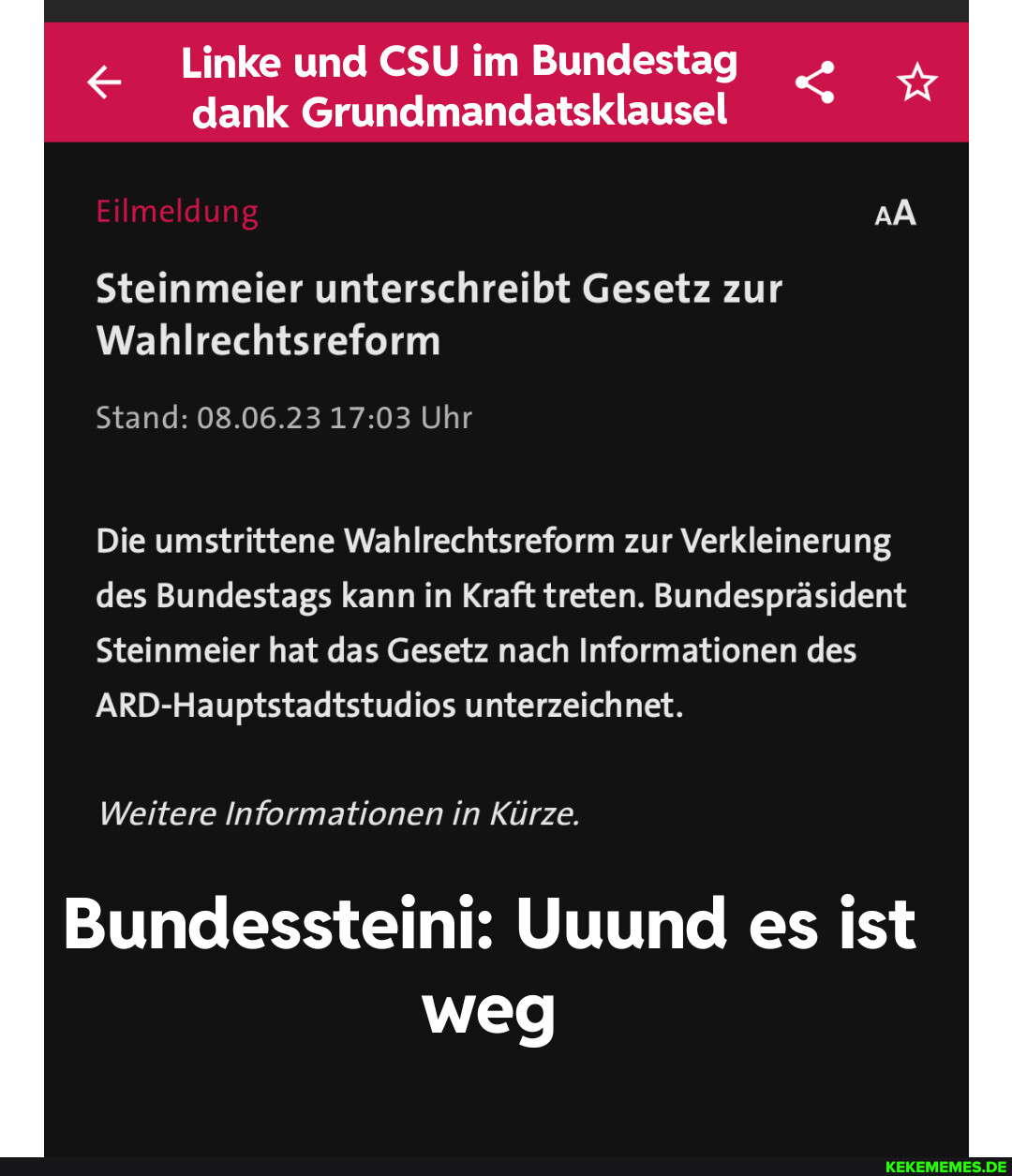 Linke und CSU im Bundestag dank Grundmandatsklausel AA me dung Steinmeier unters