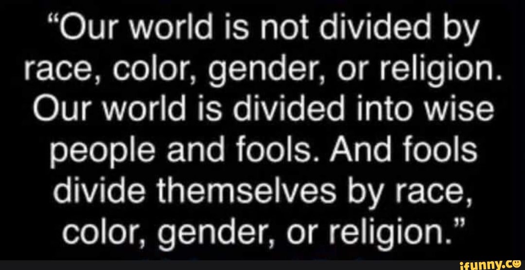 "Our world is not divided by race, color, gender, or religion.
Our world is divided into wise
people and fools. And fools
divide themselves by race, color, gender, or religion."
