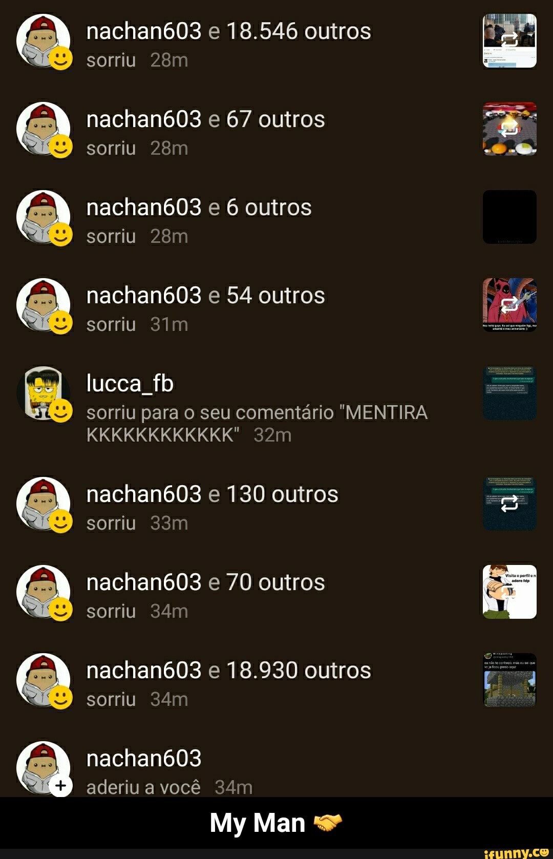 nachan603 e 18.546 outros
sorriu
nachan6083 e 67 outros sorriu
nachan6083 e 6 outros sorriu
nachan6083 e 54 outros sorriu
lucca fb
sorriu para o seu comentário "MENTIRA KKKKKKKKKKKK"
nachan603 e 130 outros sorriu
nachan6083 e 70 outros sorriu
nachan603 e 18.930 outros
sorriu
nachan603
aderiu a você
My Man *º - My Man 🤝