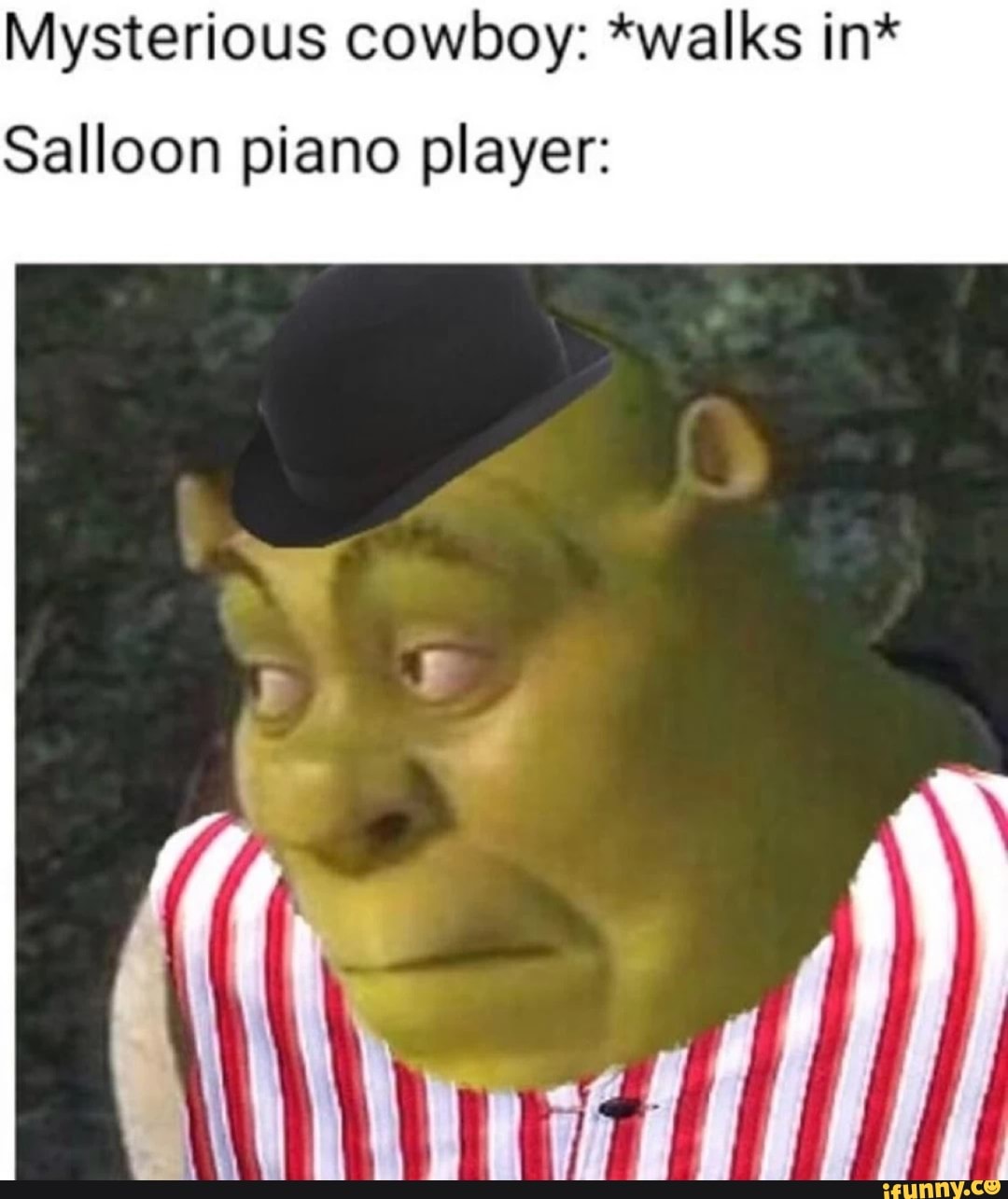 Mysterious cowboy: *walks in*
Salloon piano player:
