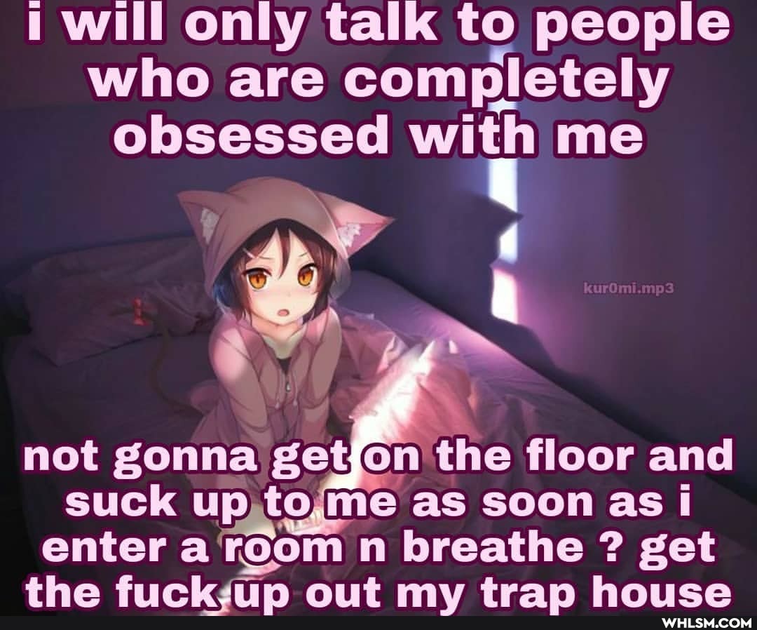 will only talk to people who are completely obsessed with me
not gonna 'get the floor and suck up ipyto me as soon as i
enter a 'room n breathe ? get
the fruckdin out mv tran howuca