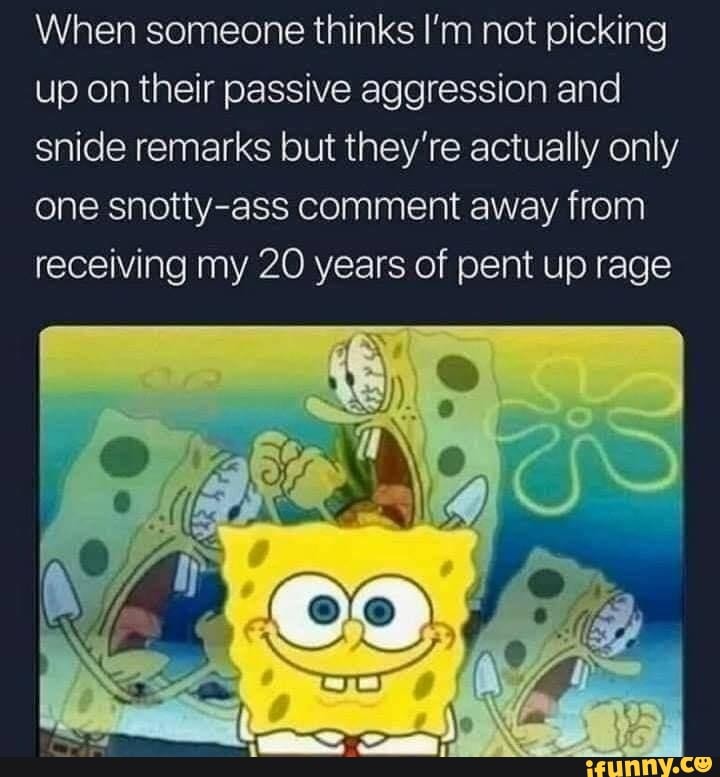 When someone thinks I'm not picking
up on their passive aggression and
snide remarks but they're actually only
one snotty-ass comment away from
receiving my 20 years of pent up rage