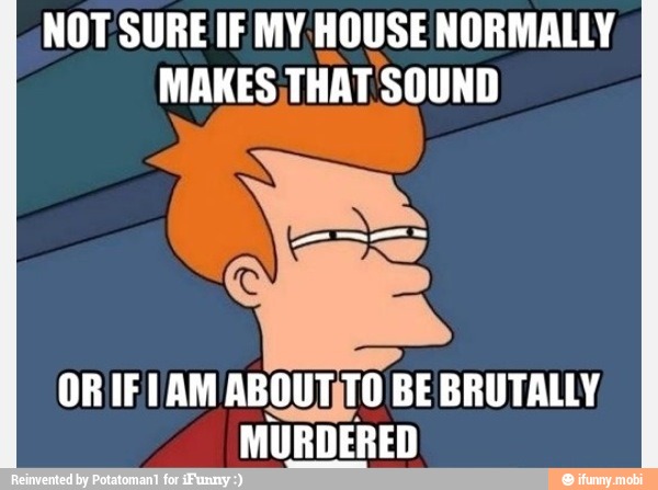 NOT SURE IF MY HOUSE NORMALLY,
MAKES THAT SOUND
OR IF 1AM ABOUTTO BE BRUTALLY,
MURDERED