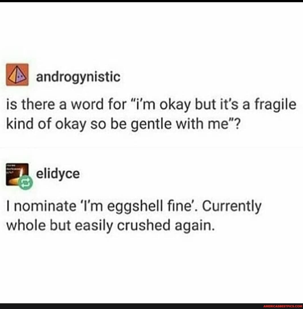 is there a word for "i'm okay but it's a fragile kind of okay so be gentle with me"?
I nominate 'I'm eggshell fine'. Currently whole but easily crushed again.