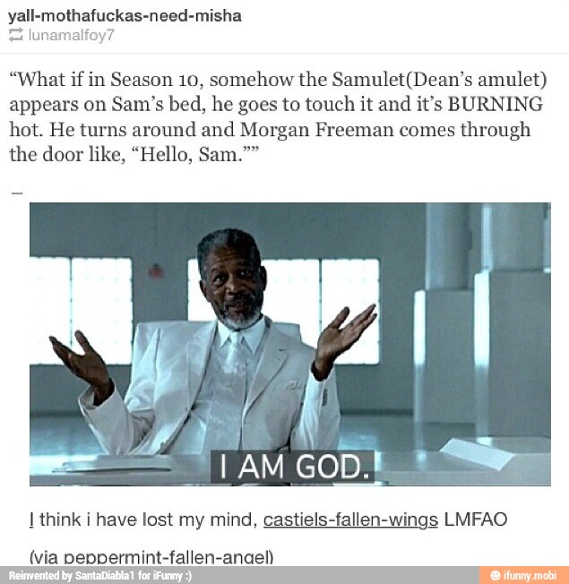 yall-mothafuckas-need-misha
"What if in Season 10, somehow the Samulet(Dean's amulet)
appears on Sam's bed, he goes to touch it and
it's BURNING
hot. He turns around and Morgan Freeman comes
through
I think i have lost my mind, castiels-fallen-wings LMFAO
(via peppermint-fallen-anael)