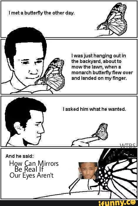 lmet a buttemythe other day.
Iwasjust hanging out in
the backyard, abouno
mowthe lawn, when a
monarch butterfly flew over
and landed on my finger.
Iªsked him what he wanted.
And he said:
How Can irrors
Be Real I