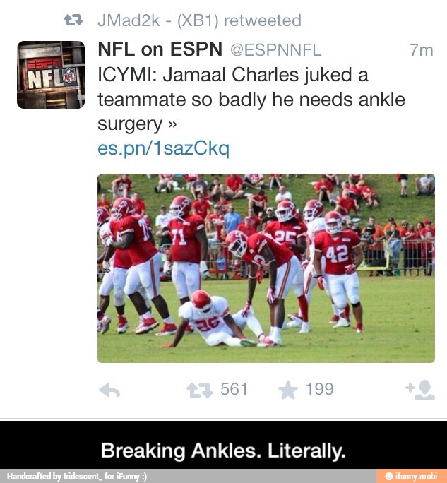 NFL on ESPN ICYMI: Jamaal Charles juked a
teammate so badly he needs ankle
surgery Breaking Ankles. Literally. - Breaking Ankles. Literally.