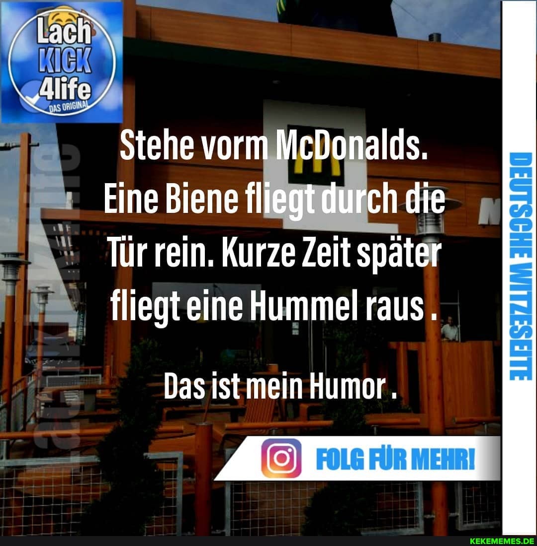 Stehe vorm McDonalds.
Eine Biene fliegt durch die
Tür rein. Kurze Zeit später fliegt eine Hummel raus.
Das ist mein Humor.
FOLR FÜR MENRI