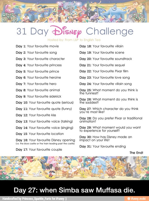 Day 1: Your favourite movie
Day 2: Your favourite song
Day 3: Your favourite character
Day
Day 5: Your favourite prince
Day 6: Your favourite heroine
Day 7: Your favourite hero
Day 8: Your favourite animal
Day 9: Your favourite sidekick
Day 10: Your favourite quote (serious)
Day 11: Your favourite quote (funny)
Day 12: Your favourite kiss
Day 13: Your favourite voice (talking)
Day 14: Your favourite voice (singing)
Day 15: Your favourite location
Day 16: Your favourite Disney opening
leaxing
Day 18: Your favourite vilain
Day 19: Your favourite scene
Day 20: Your favourite soundtrack
Day 22: Your favourite Pixar film
Day 23: 'our favourite love song
Day 24: Your favourite villain song
Day 25: What moment do you think is
the funniest?
Day 26: What moment do you think is
the saddest?
Day 27: Which character do you think
you're most like?
Day 28: Do you prefer Pixar or traditional
animation?
Day 29: What moment would you want
to experience for yourself
Day 30: How has Disney made an
impact on your life?
Day 31: Your favourite ending
Day 27: when Simba saw Muffasa die. - Day 27: when Simba saw Muffasa die.