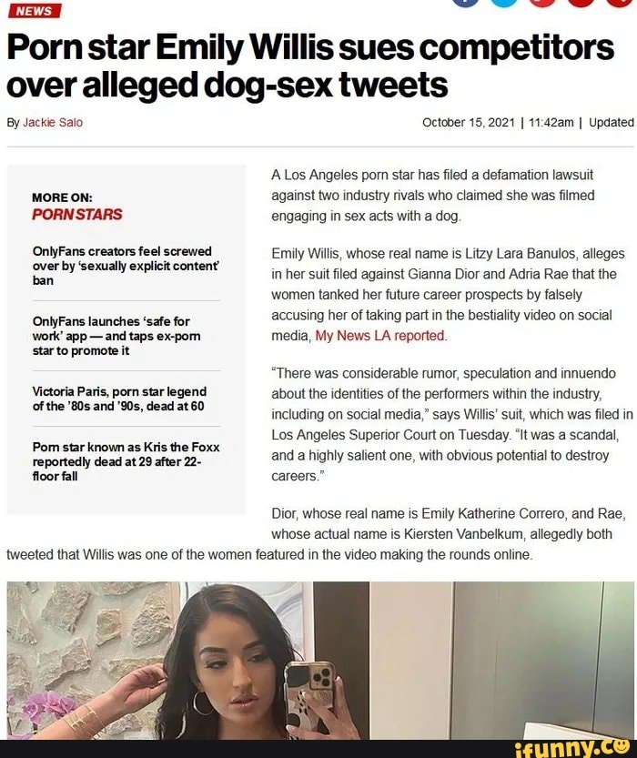 Porn star Emily Willis sues competitors over alleged dog-sex tweets By Jack...