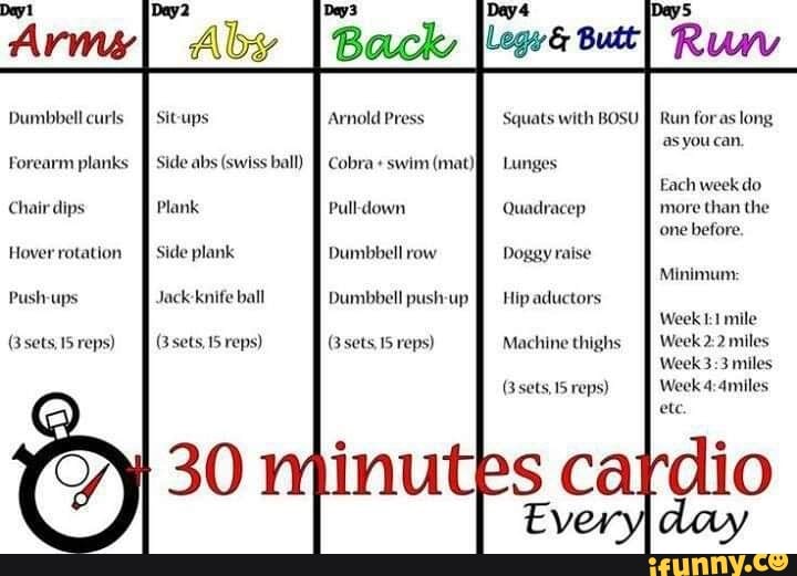 Dumbbell curls Situps Arnold Press Squats with BOSU Run foras long as