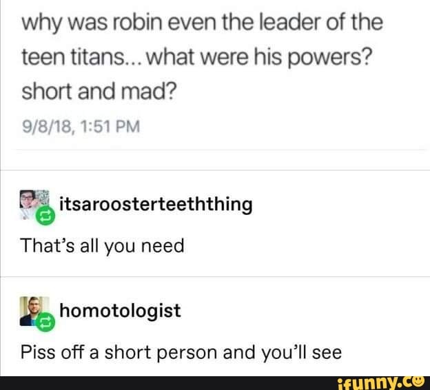 why was robin even the leader of the teen titans... what were his powers? short and mad?
PM
That's all you need
homotologist
Piss off a short person and you'll see
