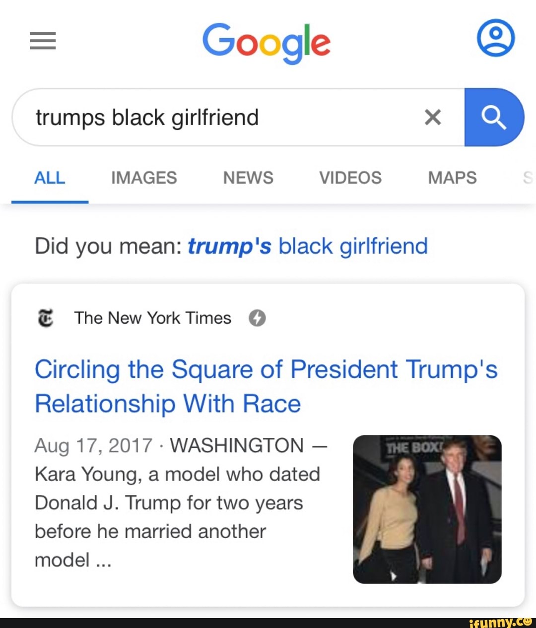 Google trumps black girlfriend x
Did you mean: trump's black girlfriend
Circling the Square of President Trump's
Relationship With Race
Aug 17, 2017
WASHINGTON
Kara Young, a model who dated
Donald J. Trump for two years
before he married another