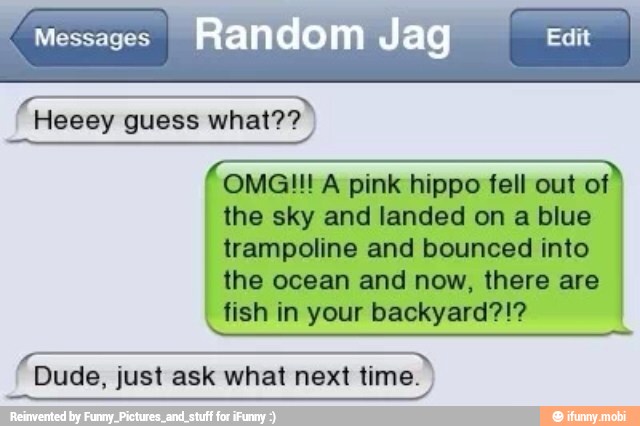 Messages
OMG!!! A pink hippo fell out of
the sky and landed on a blue
trampoline and bounced into
the ocean and now, there are
fish in your backyard?!?
Dude, just ask what next time.