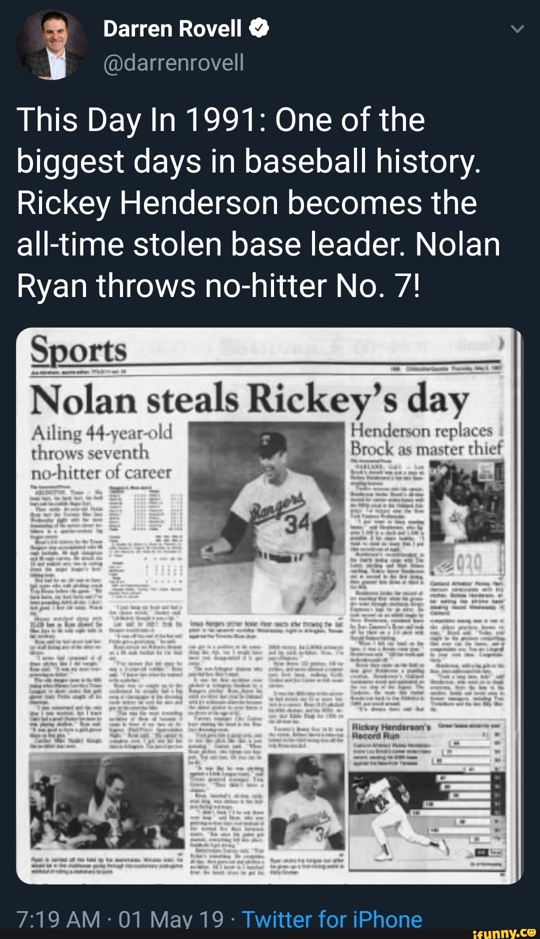 Ricky Henderson STOLEN BASE RECORD Newspaper 1991 MLB Baseball