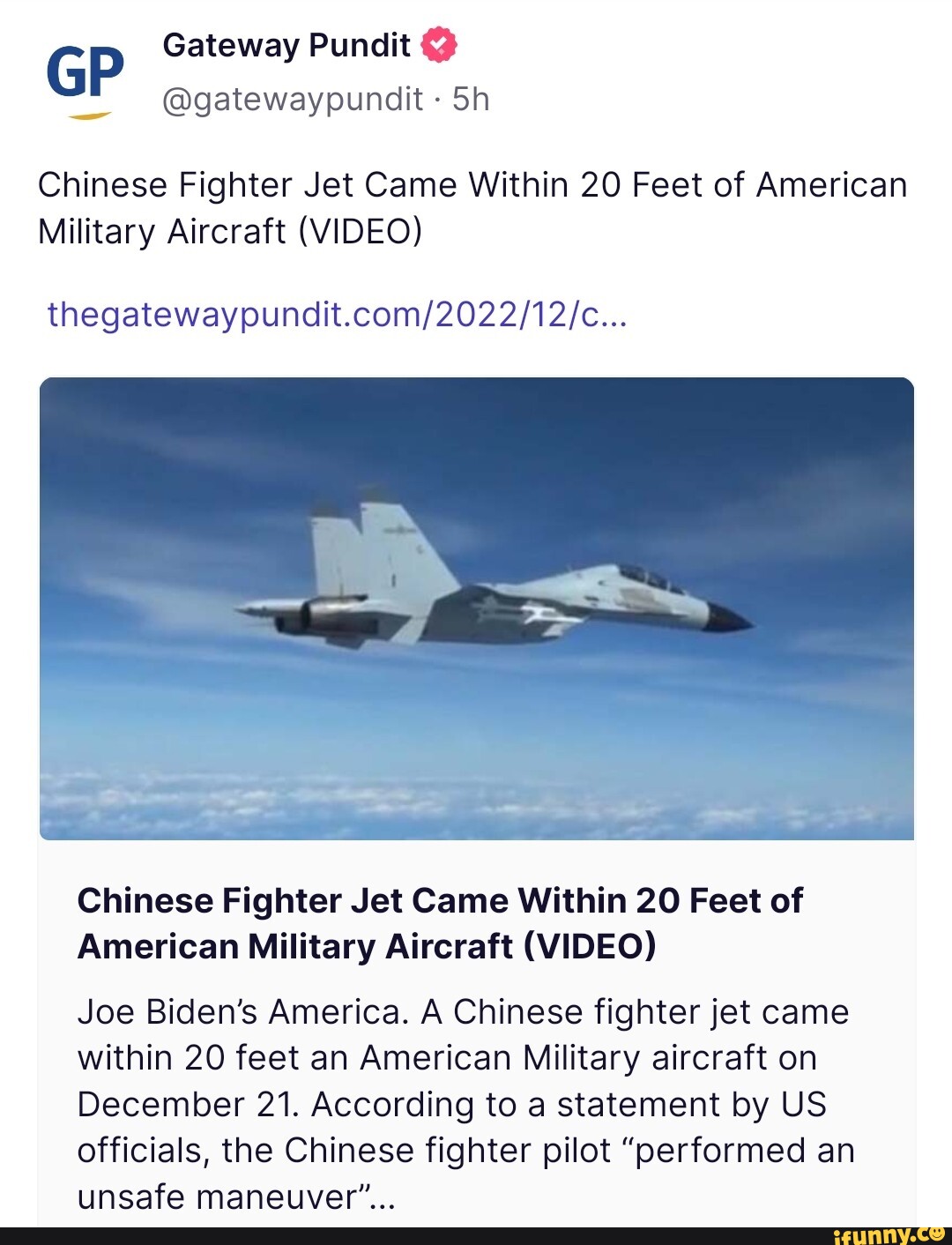 Gateway Pundit @ GP Chinese Fighter Jet Came Within 20 Feet of American ...