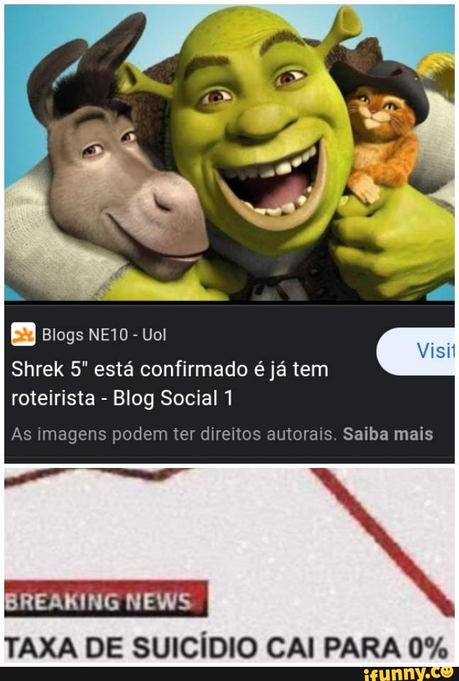 EB
Shrek 5" está confirmado é já tem
roteirista
Blog Social 1
As imagens podem ter direitos autorais. Saiba mais
TAXA DE SUICÍDIO CAI PARA 0%