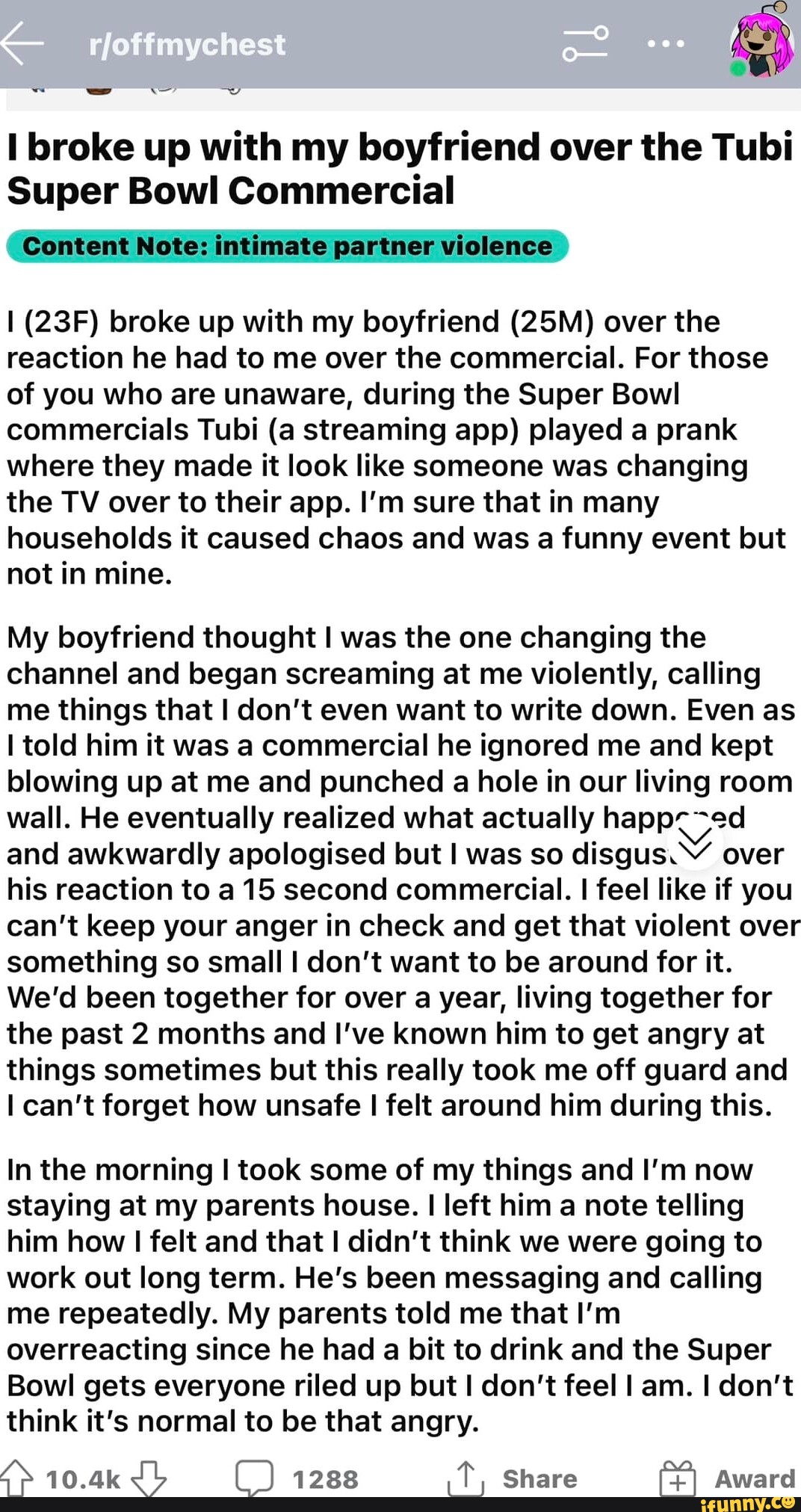 I broke up with my boyfriend over the Tubi SuperBowl commercial (NOT OP,  but definitely think this was handled well) : r/TwoHotTakes