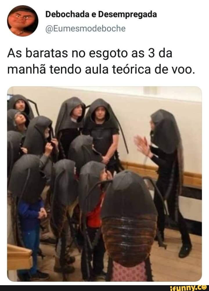 Debochada e Desempregada
@Eumesmodeboche
As baratas no esgoto as 3 da
manhã tendo aula teórica de voo.