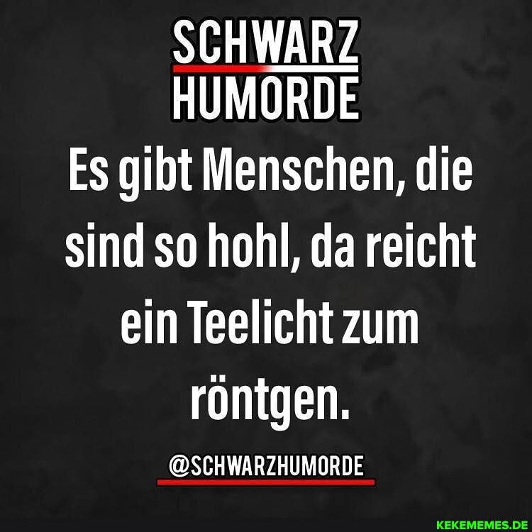 SCHWARZ
HUMORDE
Es gibt Menschen, die sind so hohl, da reicht ein Teelicht zum röntgen.
@SCHWARZHUMORDE