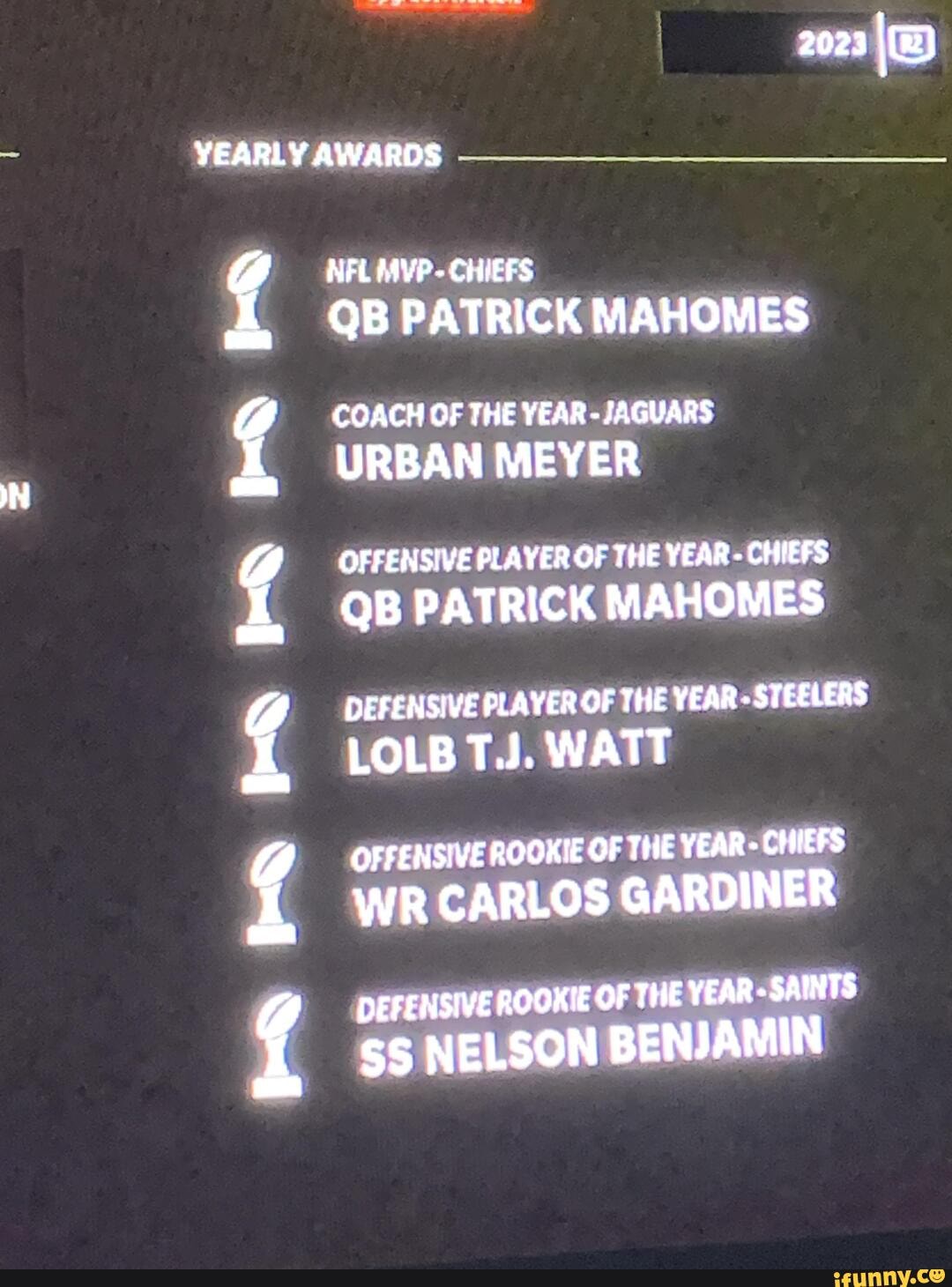 IN 2023 YEARLY AWARDS NFL IVP CHEFS QB PATRICK MAHOMES COACH OF THE