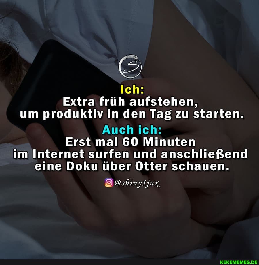 Ich:
Extra früh aufstehen, um produktiv in den Tag zu starten.
Auch ich:
Erst mal 60 Minuten im Internet surfen und anschließend eine Doku über Otter schauen.
@shinyljux