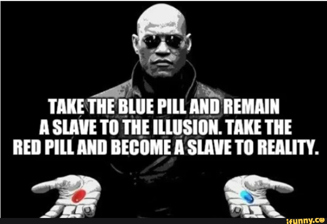 TAKE THE BLUE PILL AND REMAIN A SLAVE TO THE ILLUSION TAKE THE RED