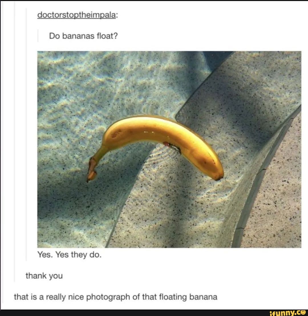 Doctorstoptheimpala Do bananas float? Yes. Yes they do. thank you that is a really nice