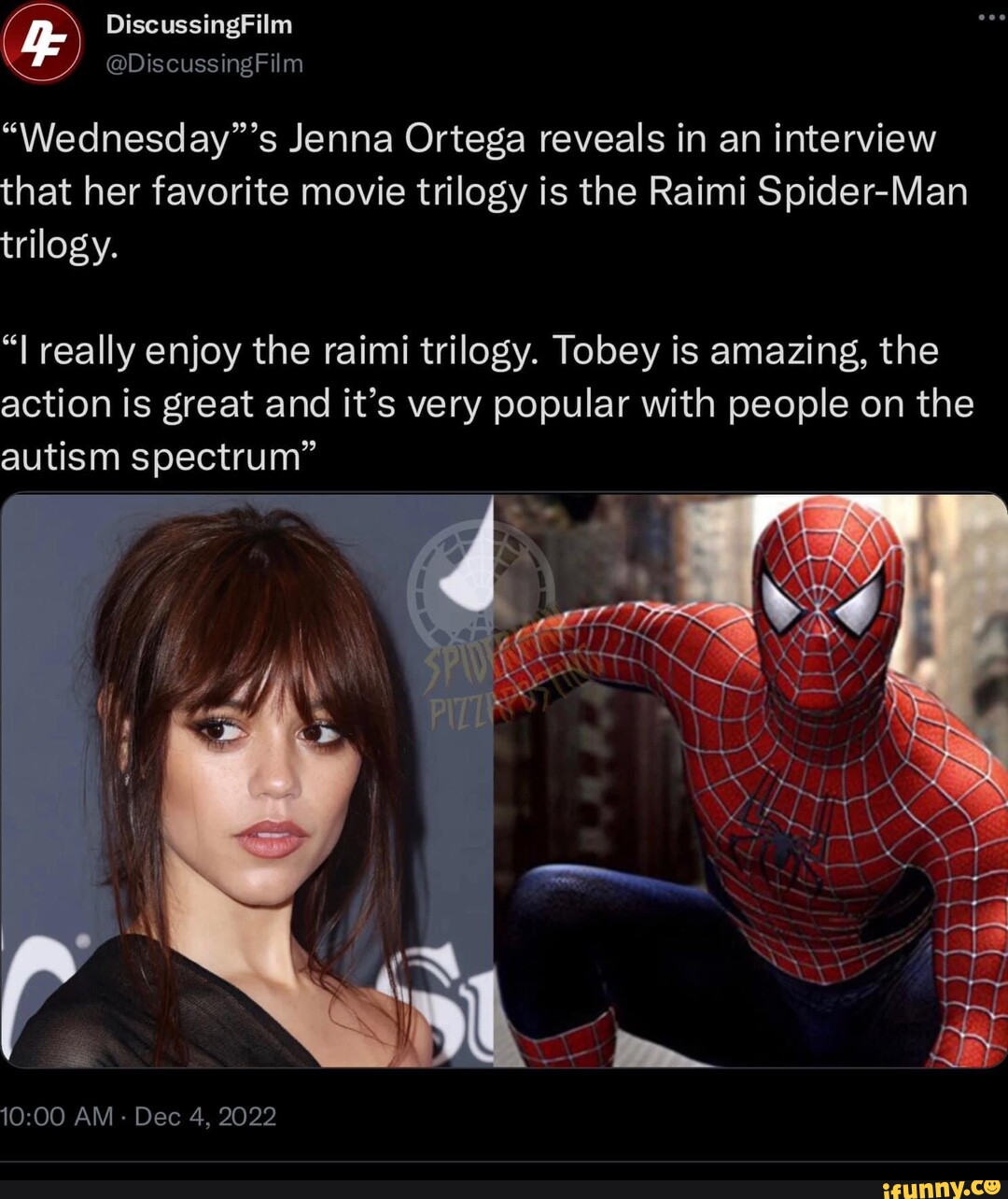 DiscussingFilm @DiscussingFilm Jenna Ortega reveals in an interview that  her favorite movie trilogy is the Raimi