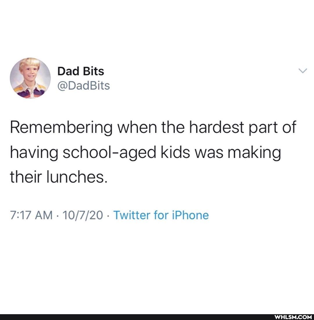 Dad Bits
@Dad Bits
Remembering when the hardest part of having school-aged kids was making their lunches.
AM Twitter for iPhone