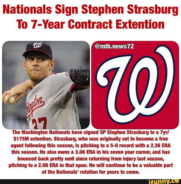 Nationals Sign Stephen Strasburg
To 7-Year Contract Extention
The Washinglon Nationals have signed SP Stephen Slrashurg la a 7yrl
$115M endemia". Slrashurg, who was originally sel lo became a free
agent following ihls season, is pitchan to a 5-0 record wllh a 2.36 ERA
this season. He also owns a 3.06 ERA in his seven year career, and has
banned hack pretty well since reluming fmm Injury last season,
plluhing lo a 2.08 ERA In that span. lle will continue to he a valuable part
nl Ihe Malionals' miaiion for years in come.