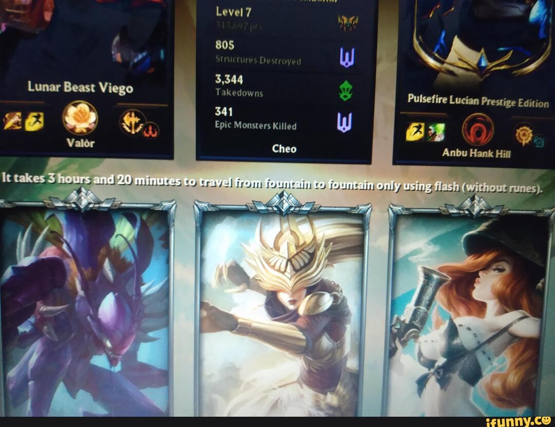 Level
ha
805
3,344
Takedowns
Pulsefire Lucian Prestige Edition
Anbu Hank Hill
3,344
Takedowns
Lunar Beast Viego
341
Epic Monsters Killed
Cheo
20 to travel fram fountain to fountain only Using flash (without ru