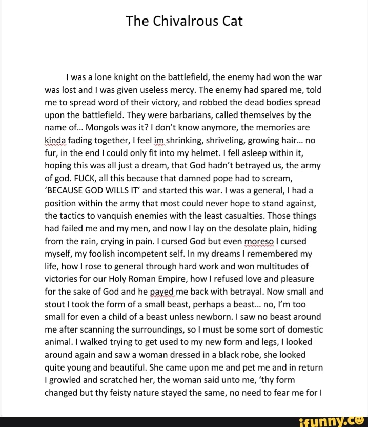 The Chivalrous Cat
was a lone knight on the battlefield, the enemy had won the war was lost and I was given useless mercy. The enemy had spared me, told me to spread word of their victory, and robbed the dead bodies spread upon the battlefield. They were barbarians, called themselves by the name of... Mongols was it? don't know anymore, the memories are kinda fading together, I feel im shrinking, shriveling, growing hair... no fur, in the end could only fit into my helmet. I fell asleep within it, hoping this was all just a dream, that God hadn't betrayed us, the army of god. FUCK, all this because that damned pope had to scream,
'BECAUSE GOD WILLS IT' and started this war. I was a general, I had a position within the army that most could never hope to stand against, the tactics to vanquish enemies with the least casualties. Those things had failed me and my men, and now lay on the desolate plain, hiding from the rain, crying in pain. I cursed God but even moreso cursed myself, my foolish incompetent self. In my dreams remembered my life, how I rose to general through hard work and won multitudes of victories for our Holy Roman Empire, how refused love and pleasure for the sake of God and he payed me back with betrayal. Now small and stout took the form of a small beast, perhaps a beast... no, I'm too small for even a child of a beast unless newborn. I saw no beast around me after scanning the surroundings, so I must be some sort of domestic animal. I walked trying to get used to my new form and legs, looked around again and saw a woman dressed in a black robe, she looked quite young and beautiful. She came upon me and pet me and in return growled and scratched her, the woman said unto me, 'thy form changed but thy feisty nature stayed the same, no need to fear me for I