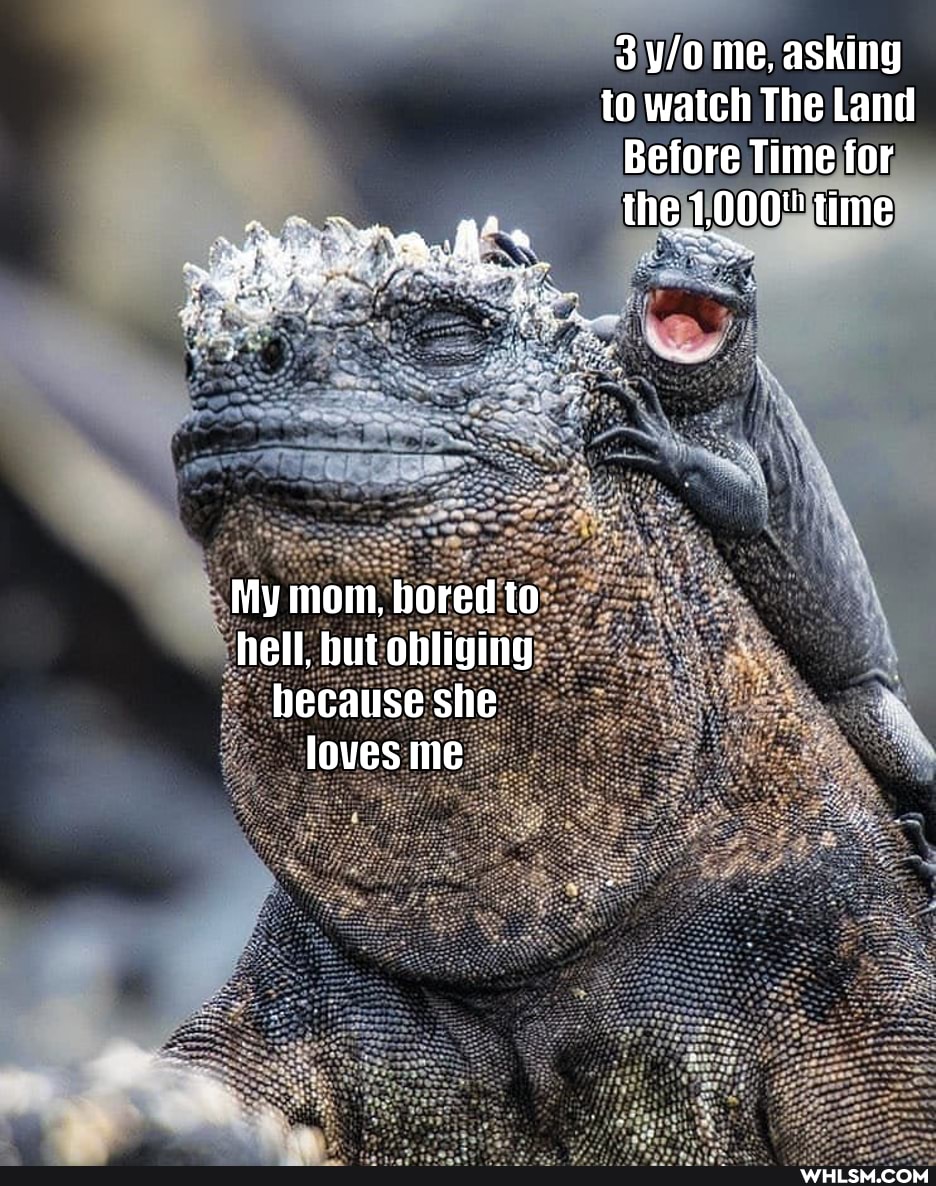 3 me, asking to watch The Land
Before Time for the 1,000" time
My mom, bored to hell, but obliging hecause she loves me