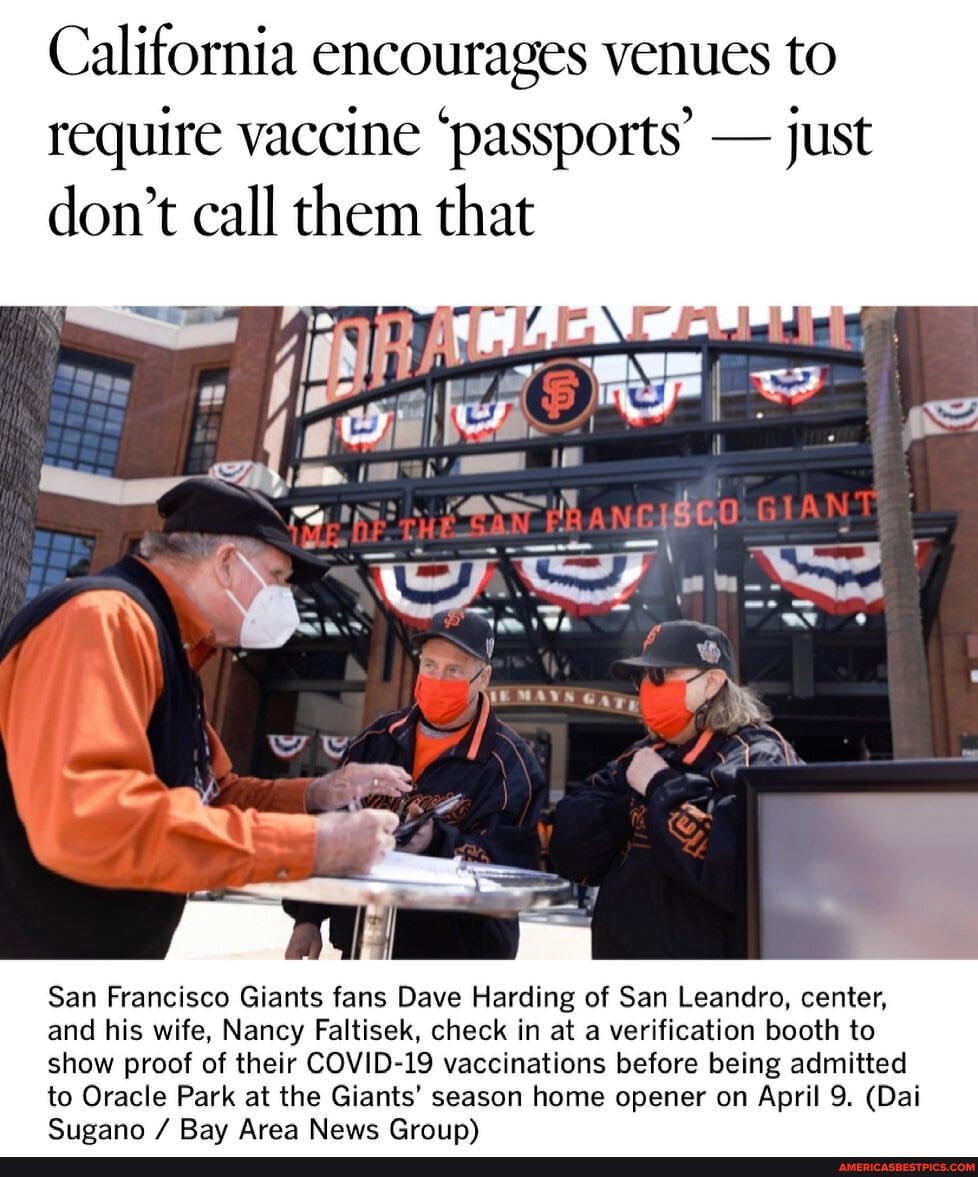 California encourages venues to require vaccine 'passports' - just don't call them that
ANT
San Francisco Giants fans Dave Harding of San Leandro, center, and his wife, Nancy Faltisek, check in at a verification booth to show proof of their COVID-19 vaccinations before being admitted to Oracle Park at the Giants' season home opener on April 9. (Dai
ann Raw Area New Groin)