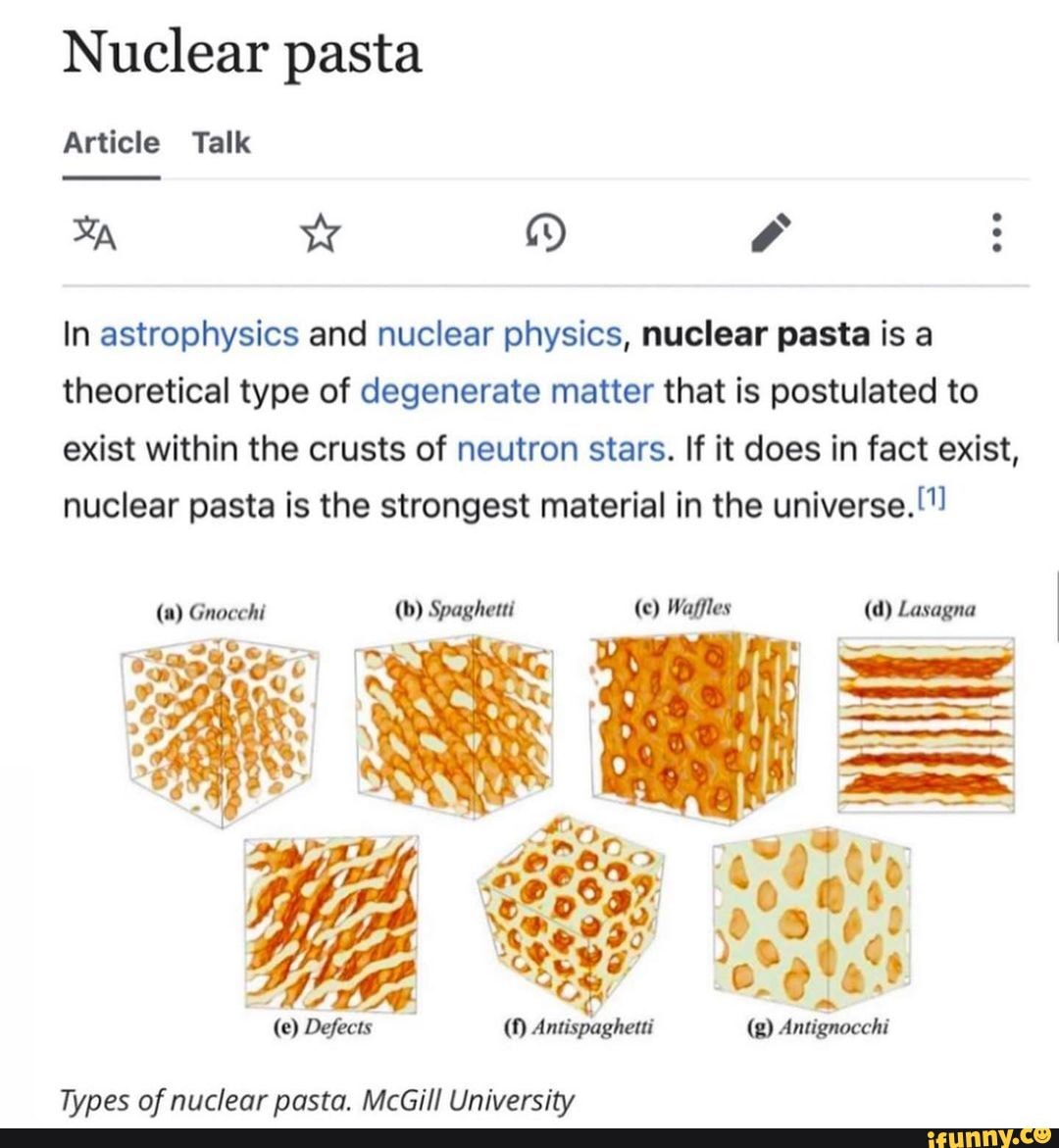 Nuclear pasta Article Talk In astrophysics and nuclear physics, nuclear  pasta is a theoretical type of