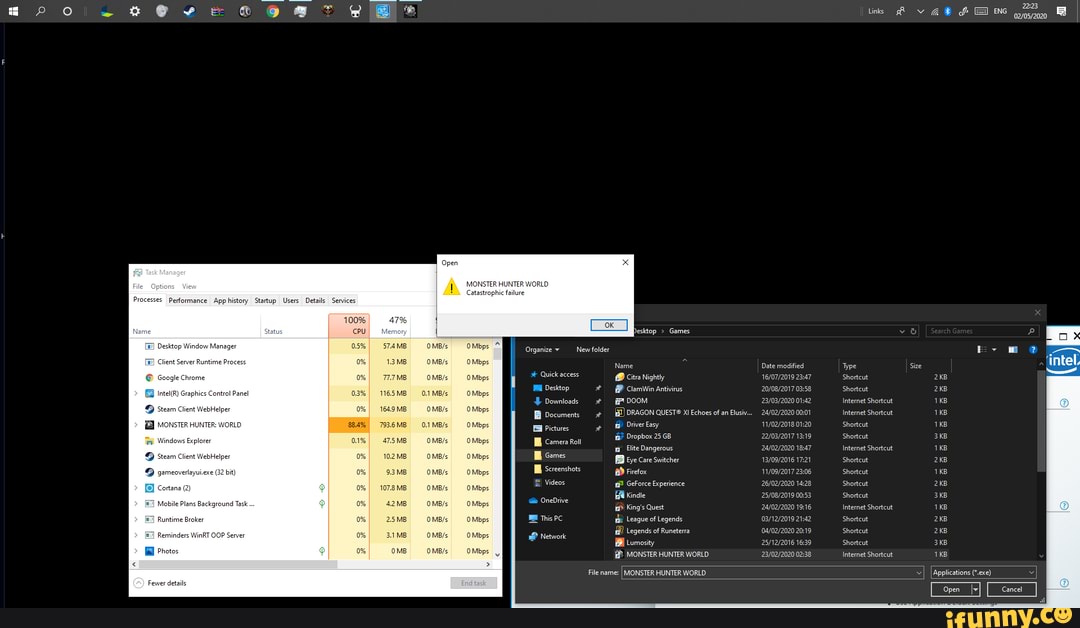 2223
Games
Organize New folder
1649MB OM Mbps Document Echoes ofan Elsi... 0.01 Intemet Shortcut
Elite Dangerous Internet Shortcut
Gomes Care Switcher 1721 Shortcut cortane om Videos GeForce Experience Shorteut
M King's Quest Internet Shortcut om Mops This PC League of Legends Shorteut
File name: [ MONSTER HUNTER WORLD [Applications (exe)
open _conce