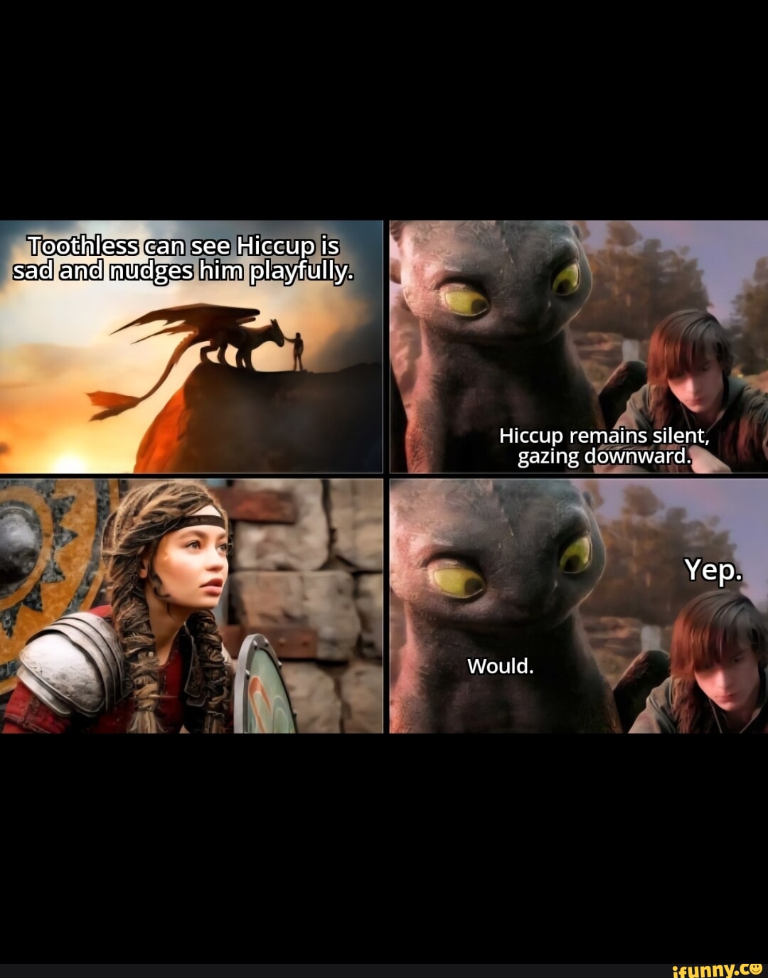 Toothless can see Hiccup is sad and nudges him playfully. Hiccup ...