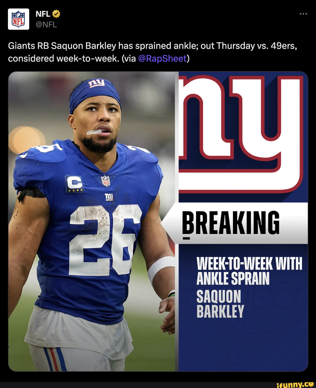 Giants RB Saquon Barkley considered week to week with ankle sprain